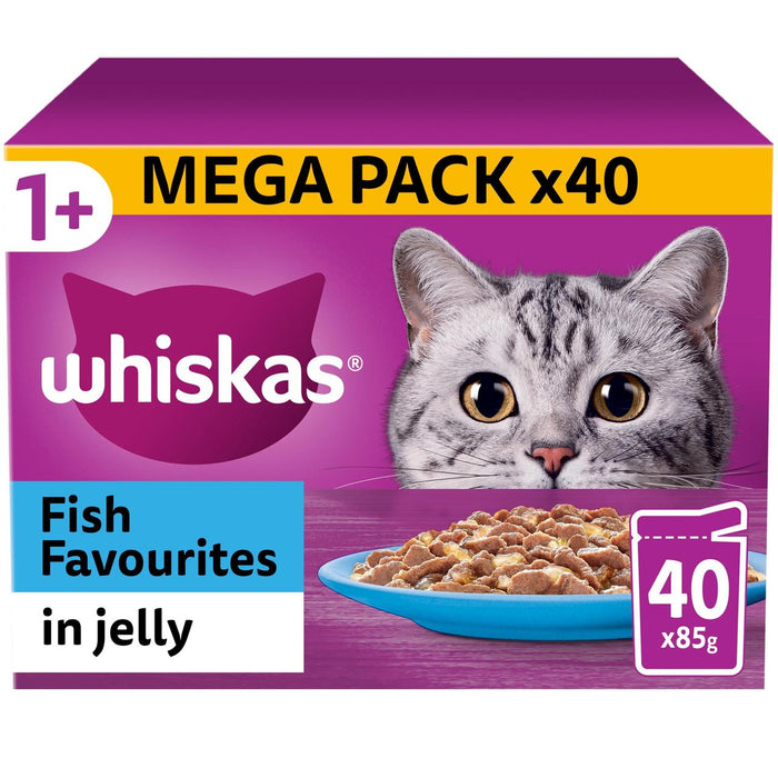 ويسكاس 1+ أكياس طعام رطب للقطط البالغة، الأسماك المفضلة في هلام، 40 × 85 جم