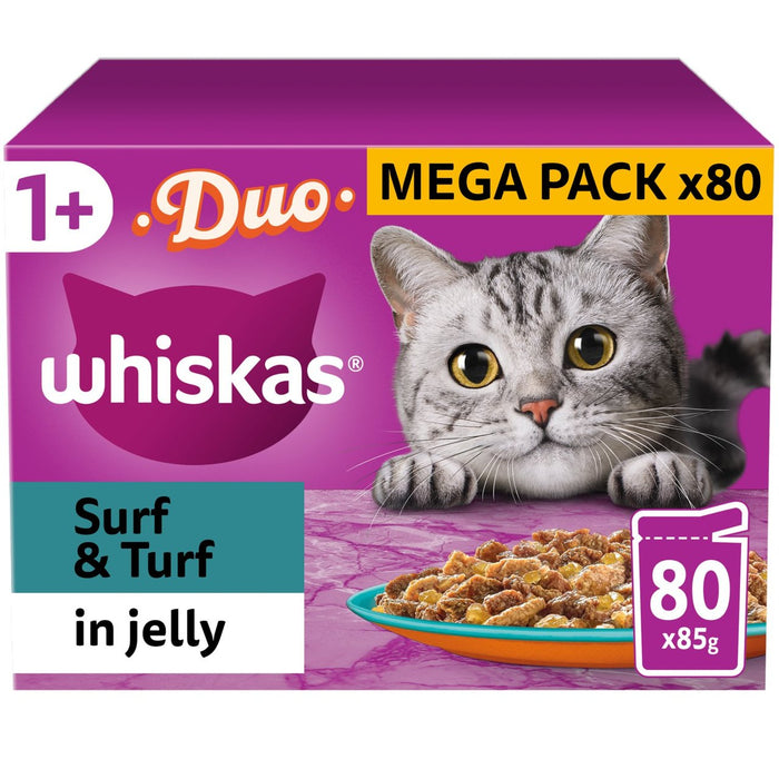 ويسكاس 1+ أكياس طعام رطبة للقطط البالغة Surf & Turf Duo في هلام 80 × 85 جم
