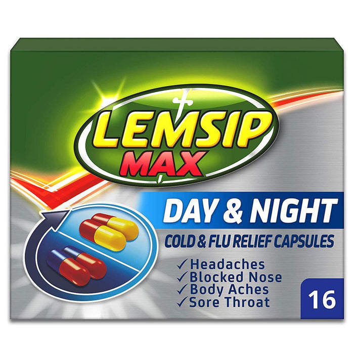 كبسولات Lemsip Max ليلا ونهارا لتخفيف نزلات البرد والإنفلونزا 16 في العبوة