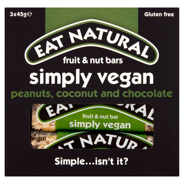 Essen Sie natürliche einfach vegane Erdnüsse Kokos und Schokoladenbalken 3 x 45 g